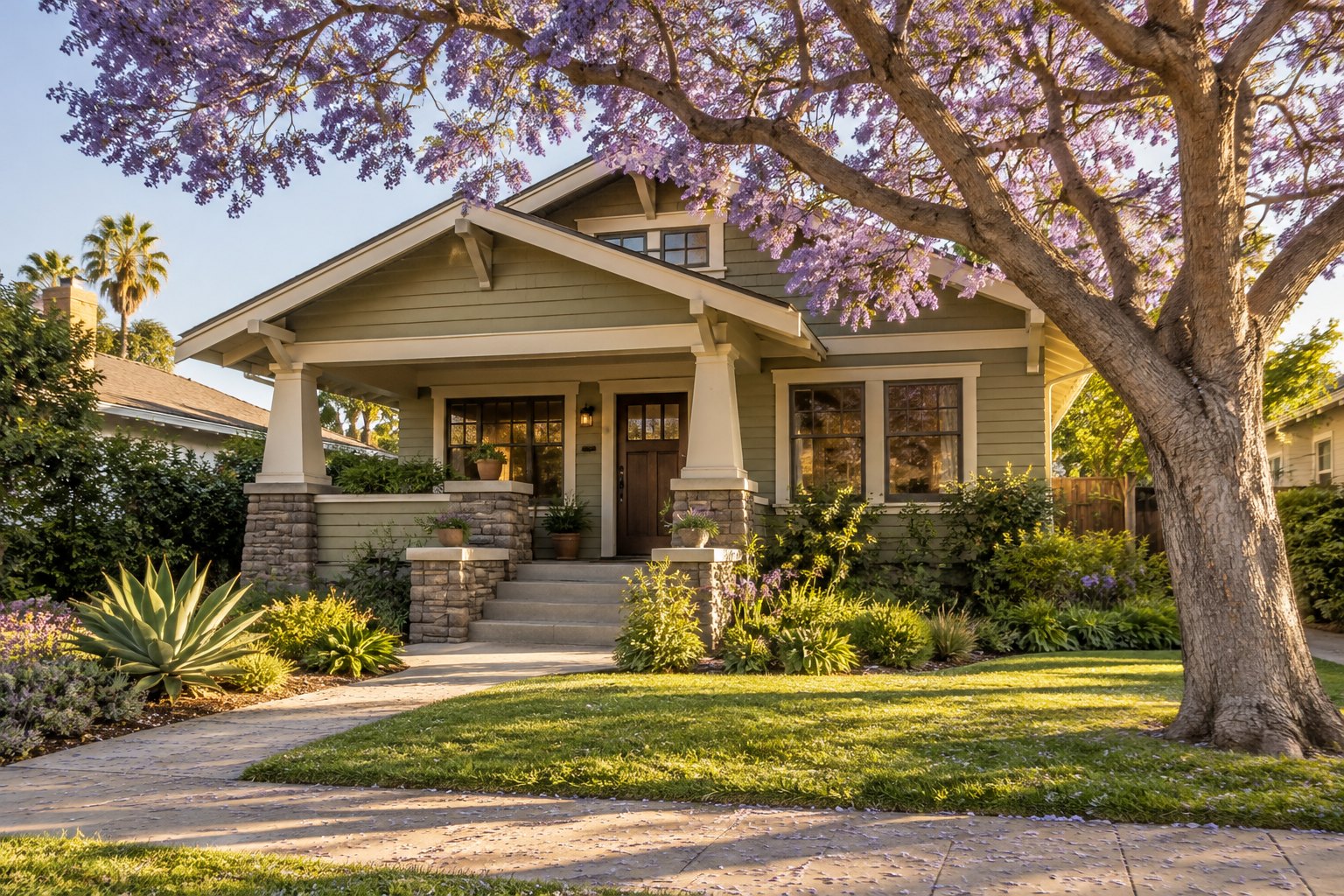 A Southern California home with palms and a covered entry, illustrative