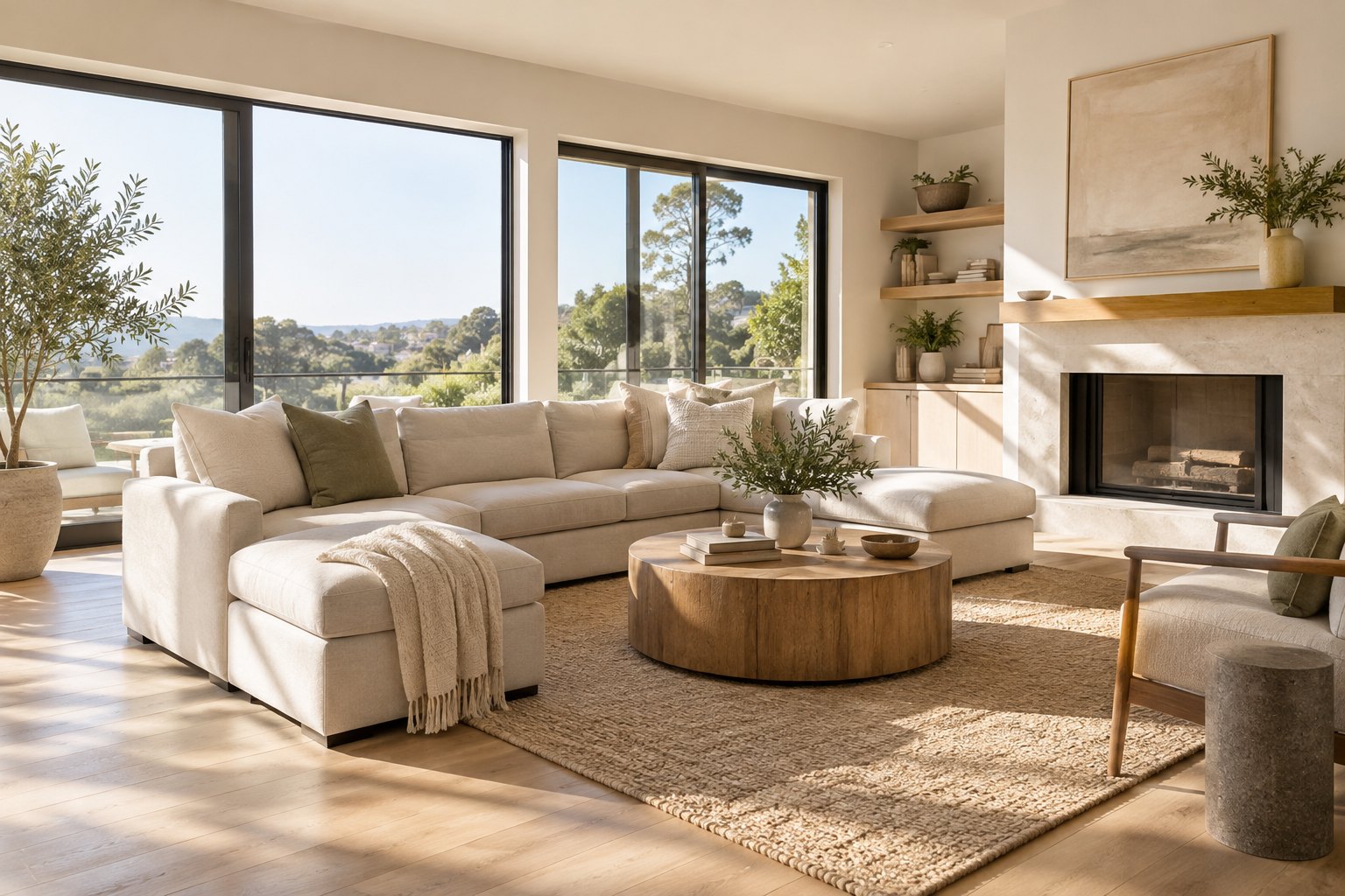 A bright Southern California living room, illustrative